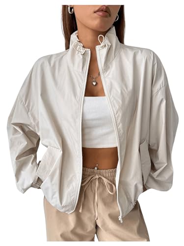 Verdusa Women's Lightweight Windbreaker Jacket Zip Up Drawstring Drop Shoulder Casual Jacket Outerwear Waterproof