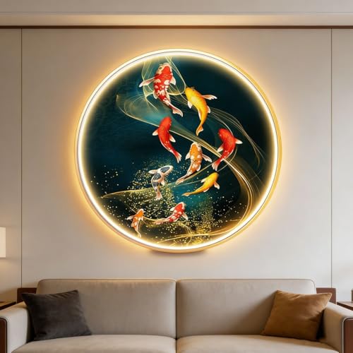 sunbiaouk 3D Wall Art Decor, Nine Fish Picture Porch Decoration Painting with Led Light, Decorations Lamp for Living Room Bedroom(B,40CM)