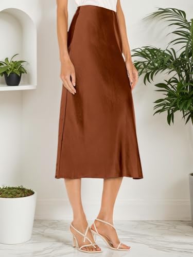 Image of Amy Babe Womens Satin Silk High Waist Slit Midi Skirt Long Skirts for Women | Elastic Waistband, Side Split, Midi Length, Below the Knee, Silky Fabric, Elegant, Fall Winter Outfits