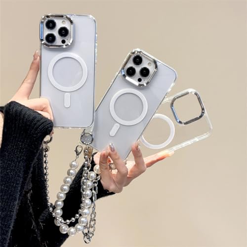 Coque magnétique antichoc transparente pour iPhone avec dragonne perles amovible - 2