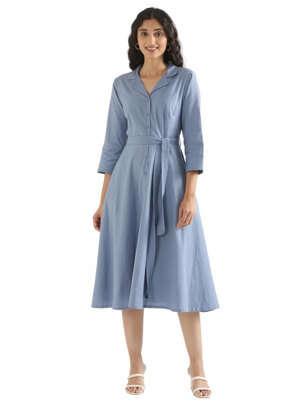 Image of SAADAA Women Cotton-Linen Blend Flared Dress | Midi Dress with 3 /4 Sleeves, Adjustable Waist Belt & Pockets | Below Knee Casual Dress for Office, Travel & Everyday Wear