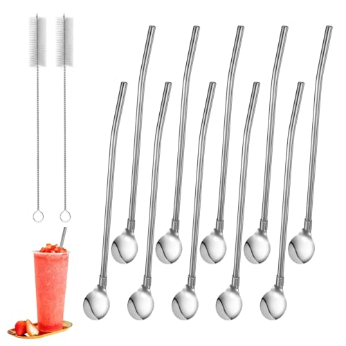 Arvoni 10 Piezas Cuchara de Paja, 2 en 1 Pajitas Reutilizables de Acero Inoxidable, Cuchara Paja de Metal con 2 Cepillos de Limpieza, Pajitas para Bebida para Cóctel, Café Helado, Zumos