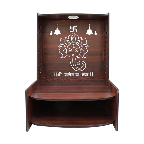 Image of Olive Tree Ethnic Wooden Pooja Mandir for Home Handcrafted Puja Stand | Wall Mounted with LED Spot Light | Mandapam, Pooja Ghar, Temple Office Decor - Walnut Size 12X12X16 Inch 1003
