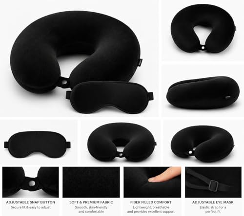 Image of Travel Neck Pillow for Adults, Fiber Filled U-Shaped Neck Support Pillow with Button Closure, Soft Plush Neck Cushion for Airplane, Car, Office & Travel (Black)