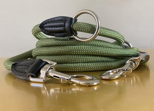 Leisegrün Verstellbare Hundeleine 3m - Robuste Nylon Doppelleine für mittelgroße bis große Hunde, 200kg Zugkraft, 2 Karabiner - Olivgrün