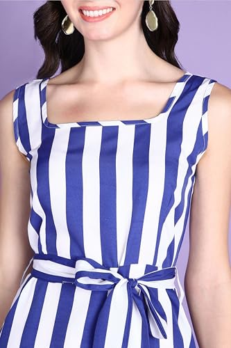 Image of POPWINGS Women Casual Blue & White Stripe Long Belt Dress Dress | Stylish Dress | Trendy Dress