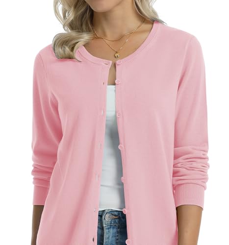 Image of QUALFORT Women's 100% Cotton Lightweight Cardigans Long Sleeve Knitted Button Down Sweater