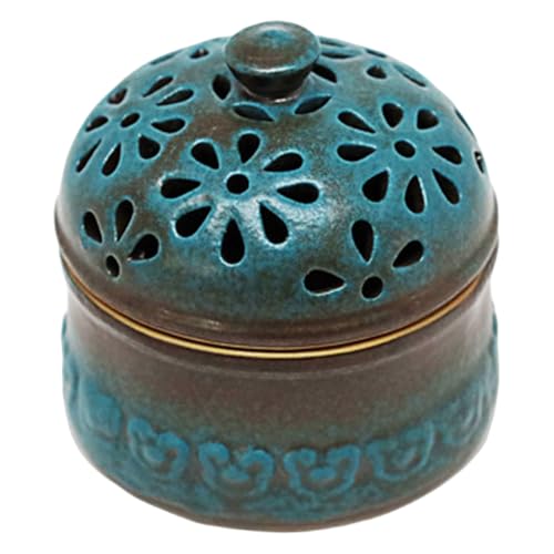 Muzrunq Garlic Keeper with Lid Garlic Storage Peacock Blue Hollow Flower Storage Pot with Aerating Holes Ceramic Garlic Pot Storage Jar for Fresh Kitchen Holder Food Canisters