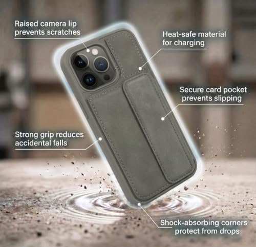 Image of amazon basics Luxury Vegan Leather Back Cover for iPhone 13 Pro | Built-in Card Holder Slot | Integrated Mobile Stand | Slim Shockproof Protective Case with Stitched Finish - Gray