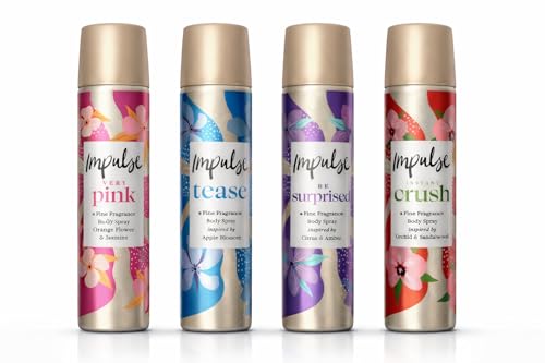 Impulse Body Spray Gift Set for Women; 4 x 75ml Variety Bundle (Tease Very Pink Instant Crush Be Surprised); Includes CMP Signature Stationery Card; Everyday Handbag & Travel Size Refill