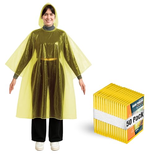 Image of Better Office Products Disposable Yellow Rain Ponchos with Hood for Adults (Thicker Gauge), Emergency Ponchos, Lightweight