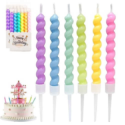 12 Pcs Birthday Candles for Cakes, Rainbow Spiral Cake Candles, Party Candles with Holders for Birthday Cake Baby Shower Cake Wedding Party Decoration