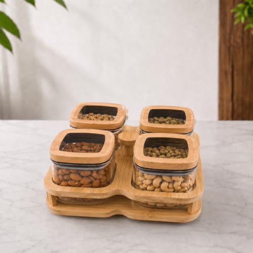 Image of Borosilicate Glass Storage Jars Set of 4 with 360 Rotating Bamboo Tray, 500ml Airtight Square Glass Containers with Wooden Lids, Dry Fruit, Nuts, Snack,Spice Organizer for Kitchen Counter