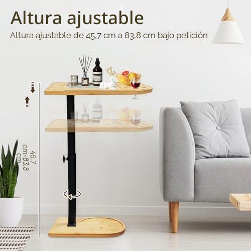 Mesa Auxiliar Forma C Bambú Metal Moderna Altura Ajustable, Side Table, Mesa Auxiliar de Cama, Mesa de Sofá, Mesilla de Noche, Mesa de Cuidado, para Salón Dormitorio Baño, Estilo C