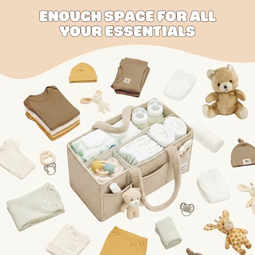 Image of OCEANEVO Cute Fur Diaper Caddy Organizer Bag WITH Luggage Tag AND Bear Charm, Baby Basket Essentials for Newborn Baby Products Storage with Compartments and Handle - 38 x 25 x 18 cm - Model 3 - Beige