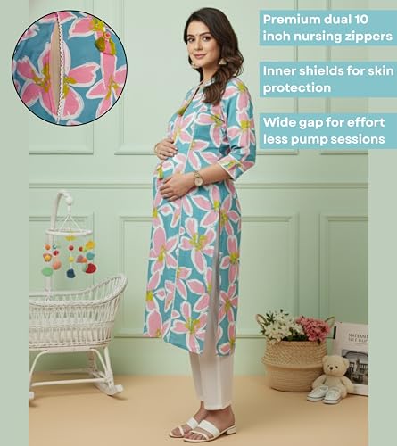 Image of DUMMY SHAPE Maternity Dresses for Women Cotton | Floral Kurta Pant Dupatta Set with Nursing Zippers, Side Pocket | Pre & Post Pregnancy | Feeding Kurti Suit | Baby Shower | Gifts for Pregnant Woman