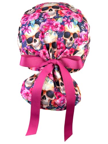 Image of Scrub Cap for Women and Men, Ponytail Scrub Caps, Working Hat, Head Cover with Ribbon Ties and Buttons, Long Hair