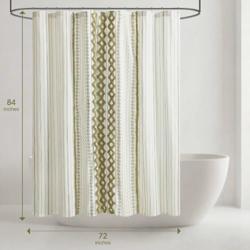 Image of INK+IVY Imani Tufted Chenille 100% Cotton Shower Curtain Boho Bath Curtains for Bathroom, Colorful Stripes Modern Farmhouse Shower Curtain, Bathtub Privacy Screen, Machine Washable 72 inch x 84 inch, Sage