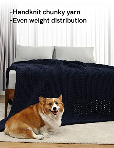 YnM Cotton Weighted Blanket, Handmade Chunky Knitted Design, Soft and Cozy, Temperature Regulating and Breathable, Machine Washable Throw for Sleep or Home Decor (Navy Blue, 60x80 Inch, 25lbs)