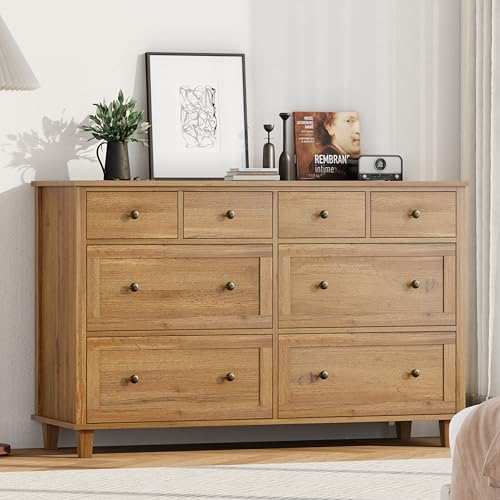 Zenflare Dresser for Bedroom 8 Drawer Wood Dresser 56.3' Wide, Large Storage Chest of Drawers for Bedroom, Living Room, Hallway, Entryway, Modern TV Stand Drawer Organizer, Natural