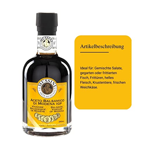 Mussini Aceto Balsamico Di Modena IGP - IL DENSO 12 Jahre - 5 Goldmedaillen - 250ml - Preisgekrönt aus der Modena Region Emilia-Romagna - Handwerklich in 12 unterschiedlichen Holzfässern-Arten gereift