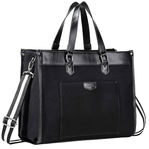 Chase Chic Canvas Laptop Handtasche,Shopper Damen Groß 15,6 zoll Schultertaschen Laptoptasche Tote bag für Büro Schule Reisen,schwarz