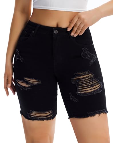 roswear Women Ripped Bermuda Denim Shorts Stretchy High Waisted Jean Shorts Knee Length Black Large