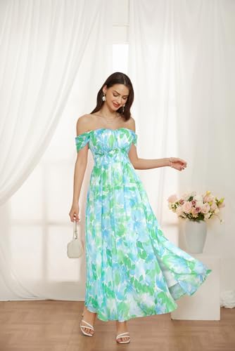 Image of GRACE KARIN 2026 Women's Summer Floral Wedding Guest Dress,Beach Flowy A Line Maxi Off Shoulder Bridesmaid Dresses