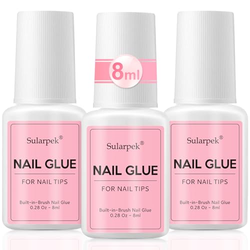 Sularpek 3 Pcs 8ML Pegamento Uñas Postizas, Adhesivo de Pegamento para Uñas Extra Fuerte, Pegamento de Uñas Acrílicas con Pincel, Reparación de Uñas Rotas, para Uso Profesional, de Salón y en Casa