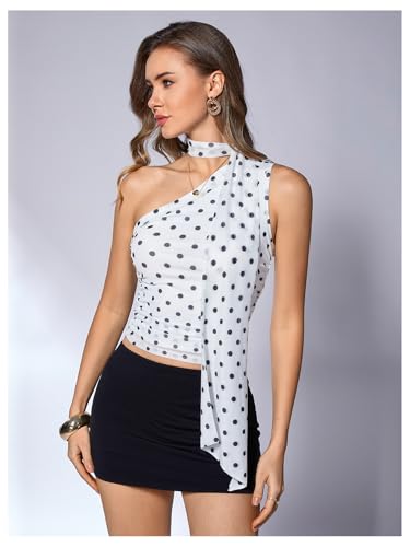 Image of RoseSeek Women's Y2K Leopard Polka Dots Halter Asymmetrical Neck Crop Tops | One Shoulder, Slim Fit, Sleeveless, Cheetah Print, Summer Tops, Scarf Tops, Party, Going Out Tops