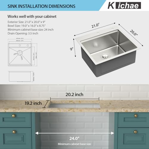 Image of Kichae 21 Drop In Bar Sink- 21x20 Kitchen Sink Stainless Steel 16 Gauge Bar Prep Sinks Small Overmount Topmount Ledge Workstation Single Bowl Handmade Basin with Cutting Bowl