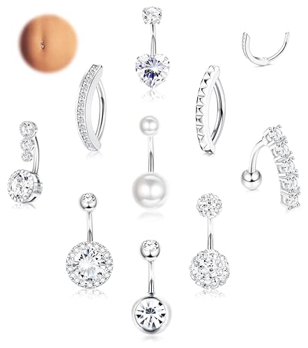 LOLIAS 9Piezas Piercings Ombligo para Mujeres, 14G Piercing Ombligo Acero Quirurgico, Piercing Ombligo Plata, CZ Clicker Piercing Ombligo pequeño 10mm