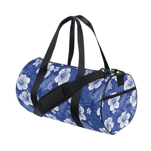 Hawaiian Blue Flowers Sports Duffel Bag Full Print Polyester Barrel Gym Bag with Side Zipper Pocket, Detachable Shoulder Strap for Gym Sports Fitness and Short-Term Travel Use3