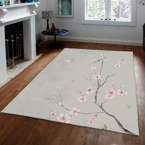 Alfombra 120x180 Gris Claro Alfombrilla para Dormitorio Tapete de Cerezo en Flor Suave Color Rosa Colom Mariposas Sakura Máquina Lavables Antideslizantes Pelo bajo salón Entrada la