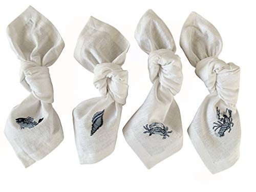 White Linen Dinner Napkins - 100% Linen Cloth - Fully Hemmed with Mitered Corners - Washable - Pack of 4 (Nautical Marine Embroidered)