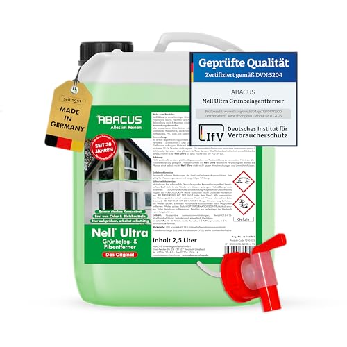 ABACUS® Nell Ultra Grünbelagentferner & Algenentferner Konzentrat, extrem stark! Entfernt Grünbelag & Algen selbsttätig ohne zu Schrubben – für Stein, Fassade, Terrasse, Dach – Nell Ultra 2,5 Liter