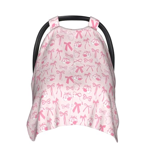 Image of Pink Bow Baby Girl Car Seat Canopy Cover, Infant Nursing Cover for Mom Nursing Covers, Bow Baby Stuff Items