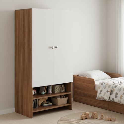 Image of FURNEASER YSH Engineered Wood Wardrobe Almirah for Clothes with 2 Doors & Open Shoe Rack | Wooden Closet Cabinet Organizer for Bedroom Living Room | Storage Cupboard (Exotic Teak & White 2)