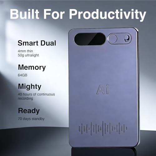 Diktiergerät mit künstlicher Intelligenz, KI Sprachrekorder mit Zusammenfassung & Transkription, 64 GB, 10m Reichweite, App-Steuerung, 152 Mehrsprachig für Vorlesungen, Meetings, Anrufe