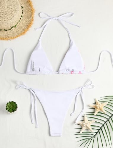 Image of ZAFUL Womens Printed Triangle Bikinis 2 Piece Halter Bikini Sets High Cut Bathing Suit Side Tie Swimsuits