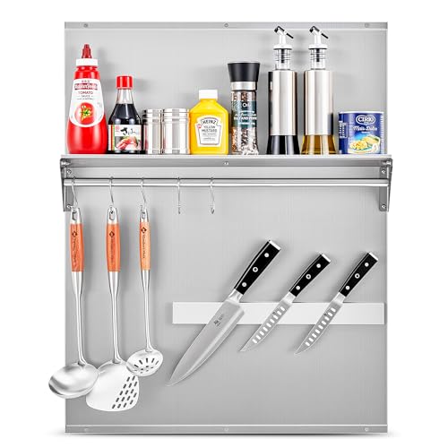 Image of Wilprep Range Backsplash, 24 inchx30 inch Stainless Steel Backsplash with Storage Shelf & Magnetic Knife Rack, Range Hood Stainless Steel Backsplash for Stove, Range Hood Wall Shield with Pre-Drilled Holes