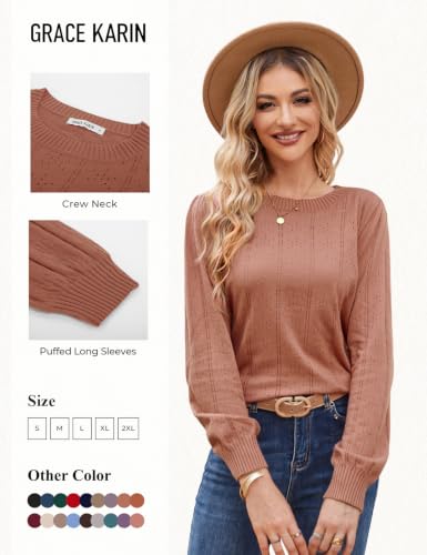 Image of GRACE KARIN Fall Sweaters for Women 2026 Puff Long Sleeve Crewneck Dressy Casual Tops Crochet Hollow Out Cute Pullover Blouse