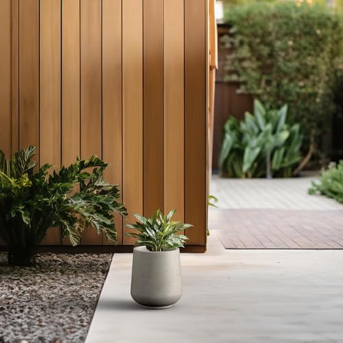 Image of Kante Small Round Curved Weathered Concrete Planter 9.4 inch Dia, Outdoor | Rubber Plug for Indoor, Drainage for Garden, All-Weather Cement Flower Pot, Handcrafted, Anti-Frost & UV, Modern Home Decor