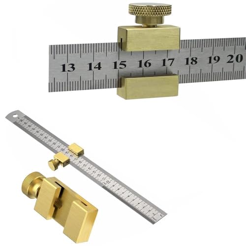 Messing stahl lineal Mit Metallanschlag,Metalllineal,Linealanschlag Streichmass,Anreißlineal Edelstahl,linealanschlag Anreisswerkzeug,Kombinationswinkel Zimmermannswinkel (Brass)