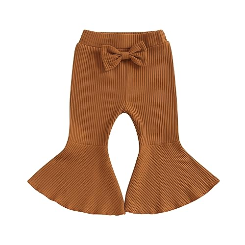 Kids Little Girls Flare Pants Solid Color Ribbed Elastic Bell Bottoms Trousers Bow Ruffle Pants Infant Toddler Girl