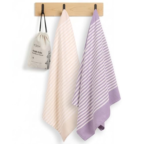 Image of Mush Bamboo Travel Towel | 100% Bamboo Bath Towel for Beach, Hiking & Gym Towel for Men Workout | Quick Dry & Compact Towels with Travel Bag | 60x120 cms, 250GSM | Pack of 2 (Lavender & Beige)