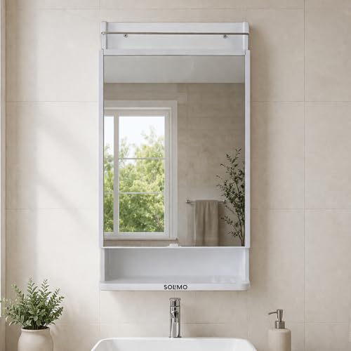 Image of Amazon Brand - Solimo CleanLook Wall Mounted Plastic Bathroom Mirror Cabinet with Storage Shelves, Space Saving Organizer for Toiletries & Daily Essentials, White