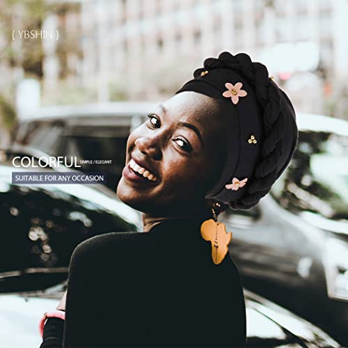 Ybshin African Women Turban Cap Black Flower Headscarf Knot Pre-Tied Beanie Twisted Braid Wrap Beaded Hat Faux Pearl Headwrap (Black) #TOP5