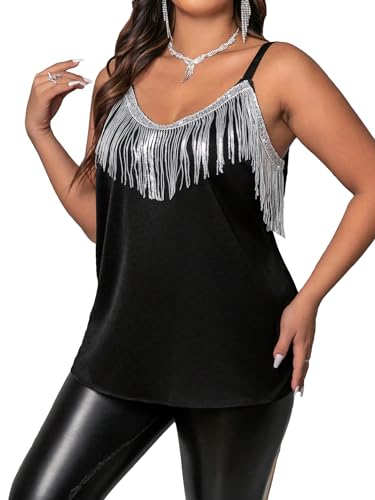 SweatyRocks Women's Plus Size Sequin Fringe Sleeveless Tank Top Backless Party Club Cami Tops