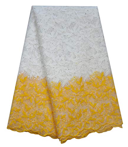 SanVera17 Glitter Stone African Lace Net Milk Silk Fabrics Nigerian Fabric Embroidered and Guipure Cord Lace for Party Wedding (Yellow) 5 Yards